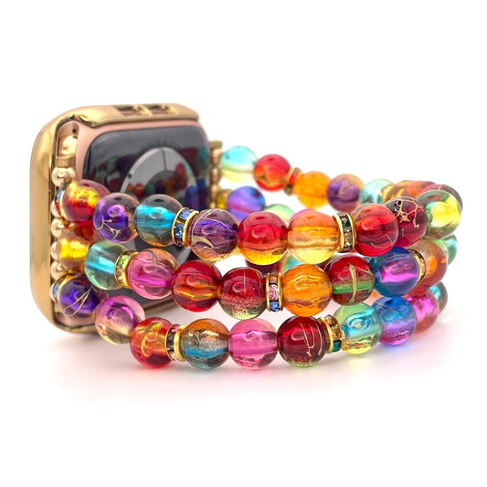 Golden Swirl Watch Band Compatible with Apple Watch Band Made with Transparent Acrylic and Rainbow Rhinestone Beads