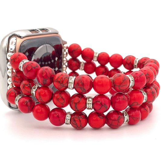 Red Natural Stone Howlite Turquoise Watch Band Compatible with Apple Watch with Rhinestone Beads