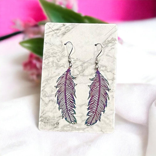 Rainbow Feather Dangle Earrings Made with Hypoallergenic Stainless Steel, Lightweight Metal Feather Earrings