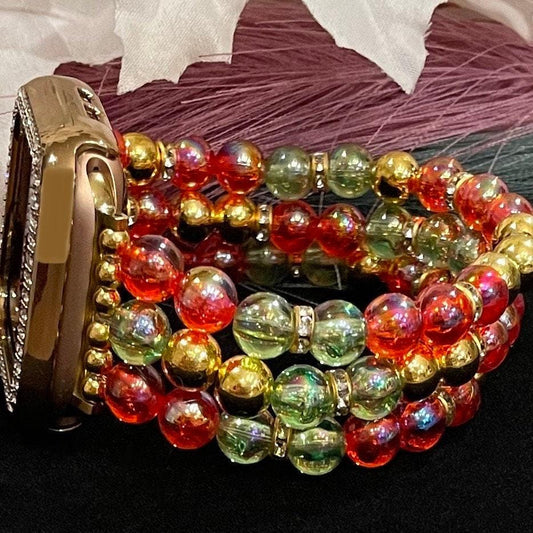 Transparent Festive Watch Band Compatible with Apple Watch Band Made with Green Red & Gold Acrylic Beads
