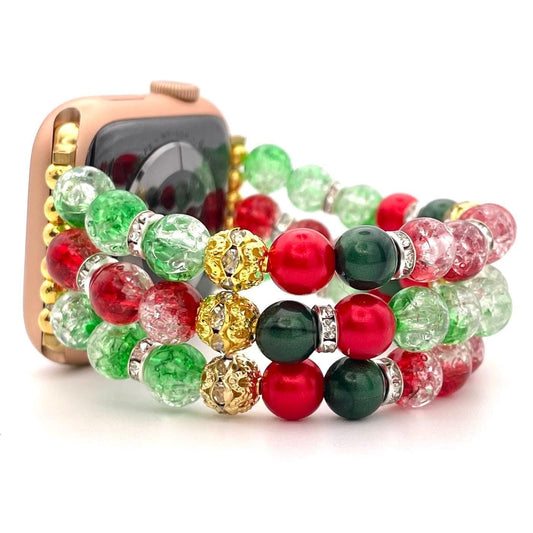 Christmas Beaded Apple Watch Band – Festive Red, Green, and Gold Bracelet-Style Watch Strap