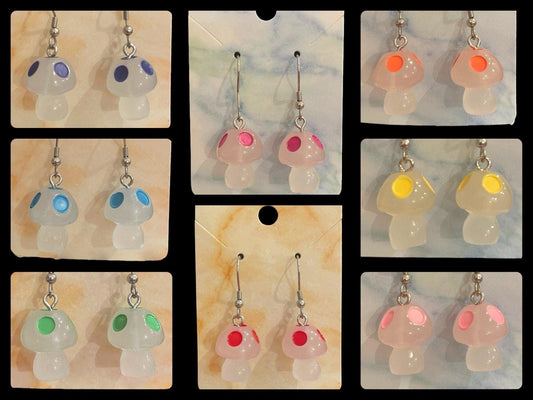 Glow in the Dark Mushroom Earrings Made with Hypoallergenic Stainless Steel Ear Wires
