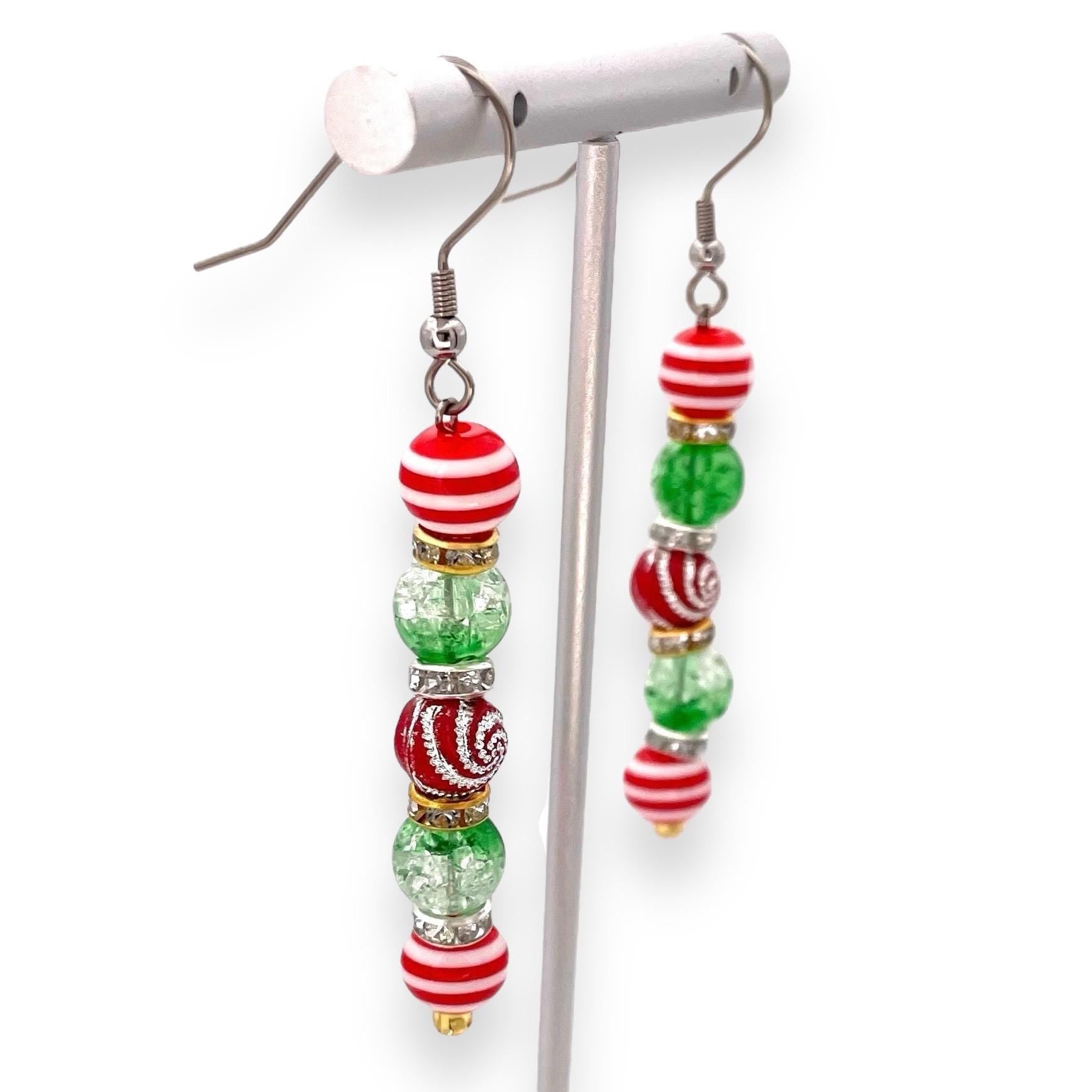Festive Holiday Candy Cane & Swirl Beaded Earrings – Red, Green, and White Christmas Jewelry