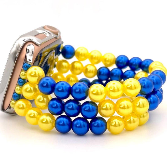 Blue and Yellow Watch Band Compatible with Apple Watch Made with Imitation Pearls