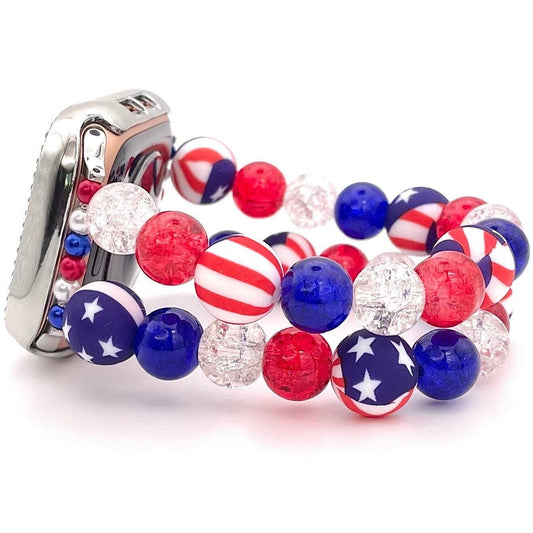 Patriotic Chunky Bead Watch Band Compatible with Apple Watch Made with Red White and Blue Glass Crackle and American Flag Silicone Beads