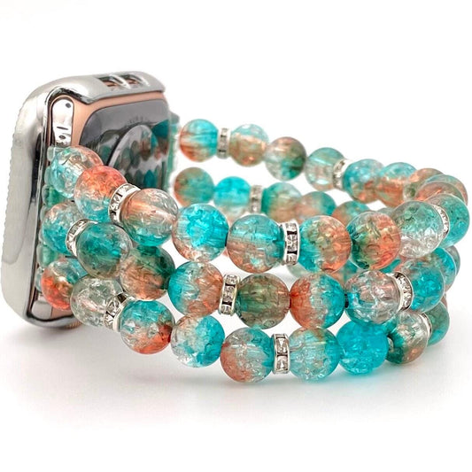 Custom Teal/Aqua/Blue and Orange Watch Band Compatible with Apple Watch Made with Crackle Acrylic and Rhinestone Beads