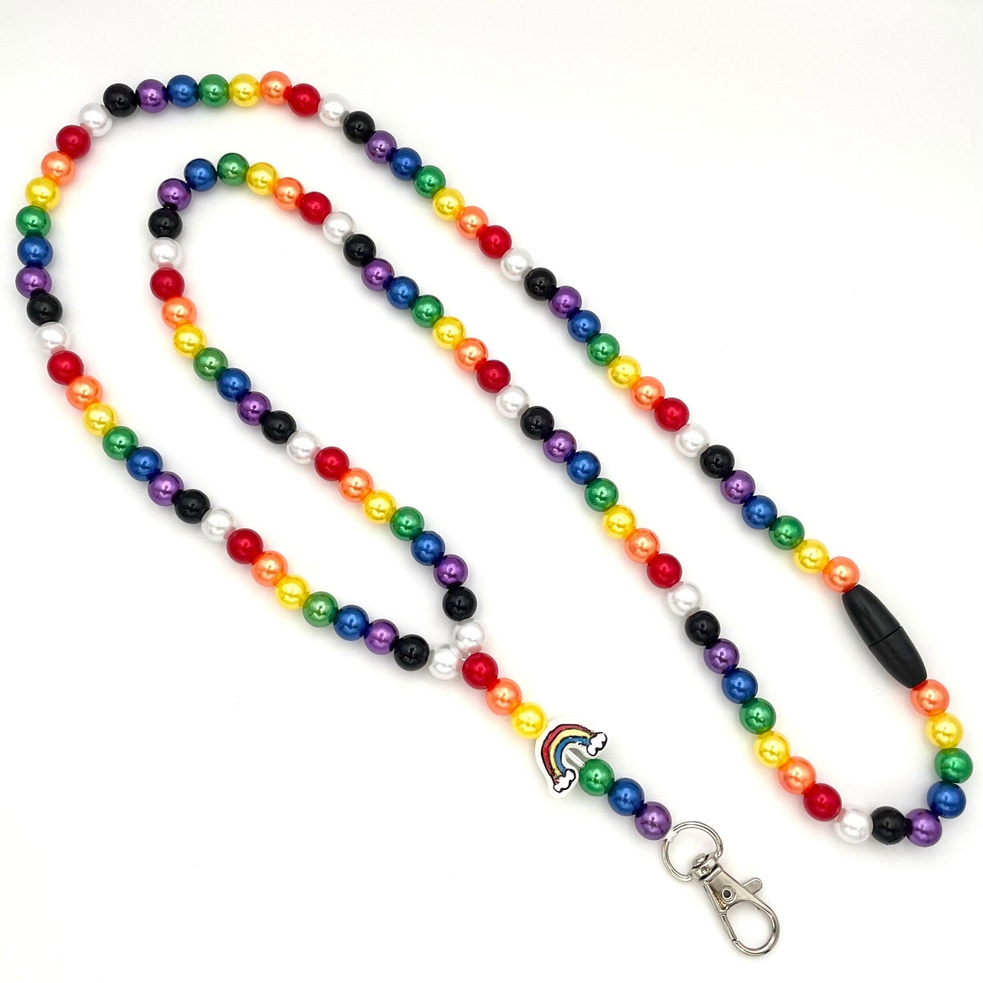 Rainbow Beaded Breakaway Work/Teacher Lanyard with Lobster Clasp and Keyring, ID Badge Key Holder