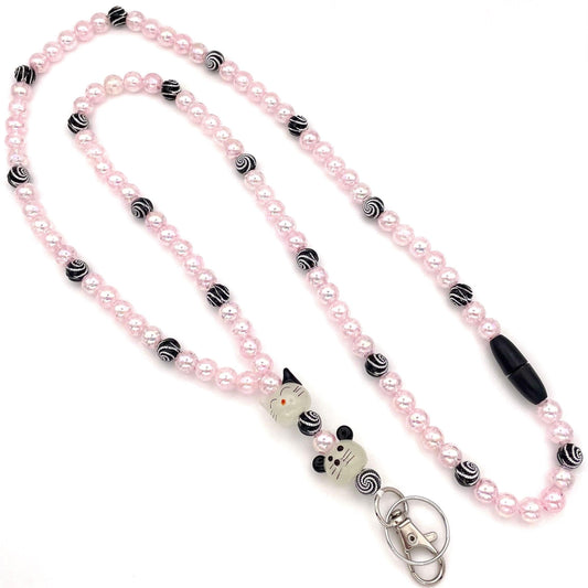 Cute Cat and Mouse Beaded Breakaway Work/Teache/Vet Tech Lanyard with Lobster Clasp and Keyring, ID Badge Key Holder, Pink and Black
