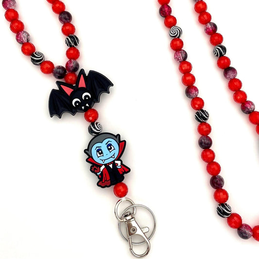 Halloween Vampire Bat Beaded Breakaway Work/Teacher Lanyard with Lobster Clasp and Keyring, ID Badge Key Holder