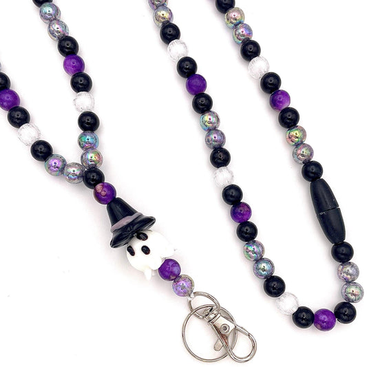 Spooky Witchy Ghost Purple and Black Halloween Beaded Breakaway Work/Teacher Lanyard with Lobster Clasp and Keyring, ID Badge Key Holder