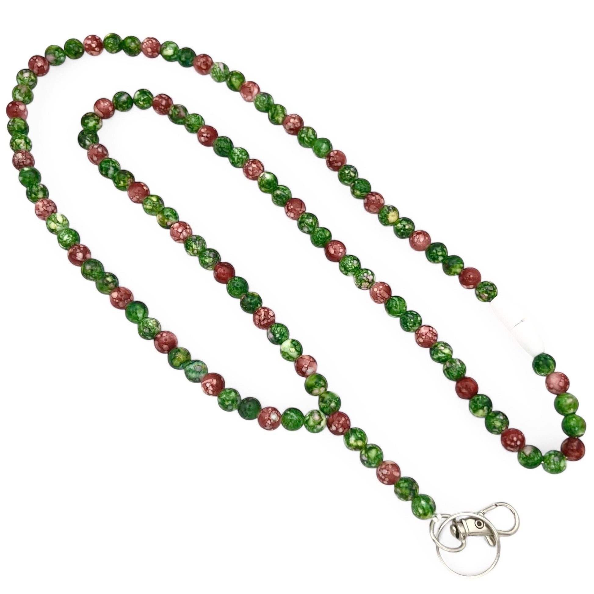 Festive Green & Red Beaded Breakaway Lanyard – Holiday-Inspired Design - Handmade Christmas Work ID Badge Holder