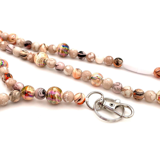 Marbled Beaded Lanyard with Neutral and Iridescent Accents – Handmade Badge Holder for Work or ID