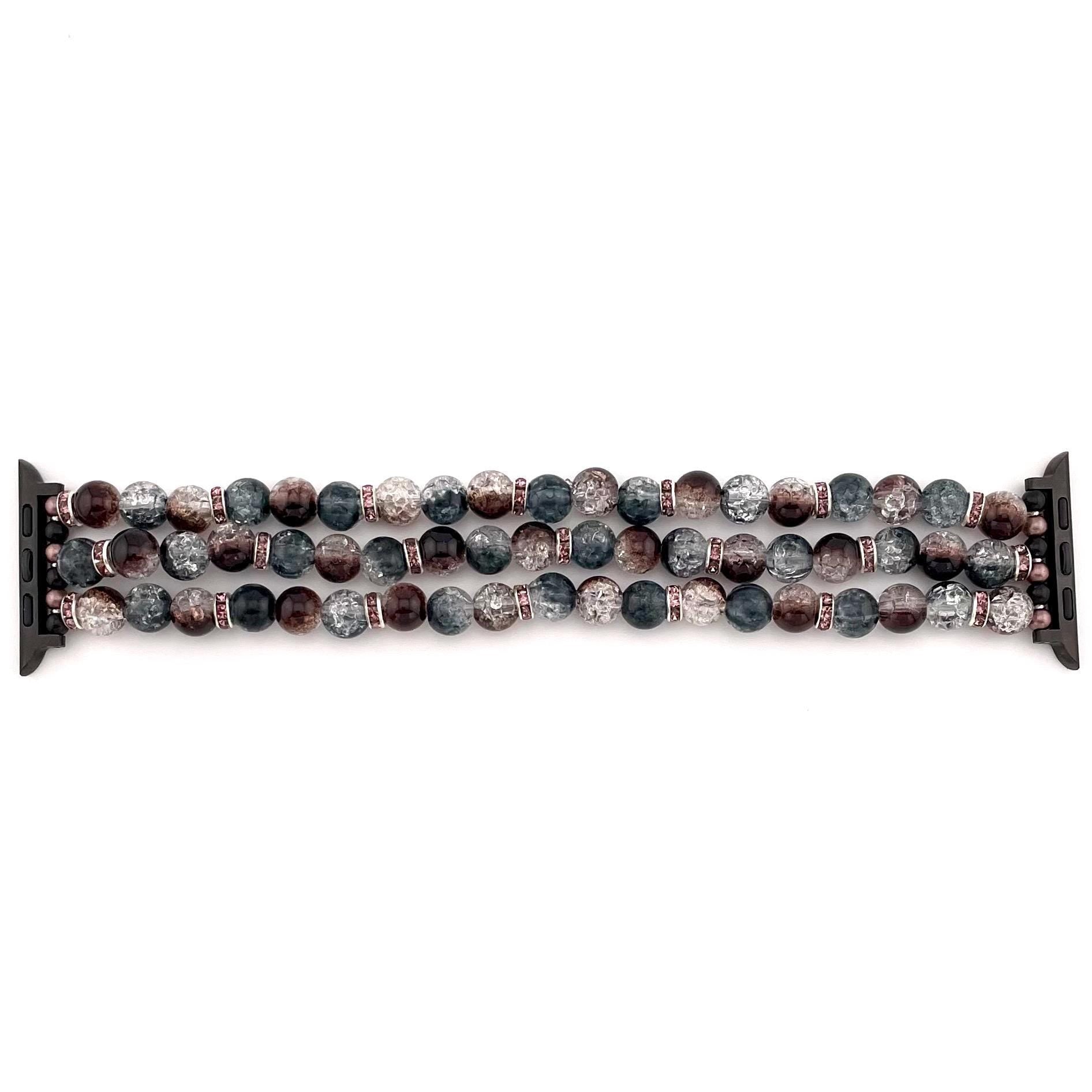 Cracked Brown & Smoky Gray/Black Beaded Watch Band – Triple Strand Apple/Samsung Compatible