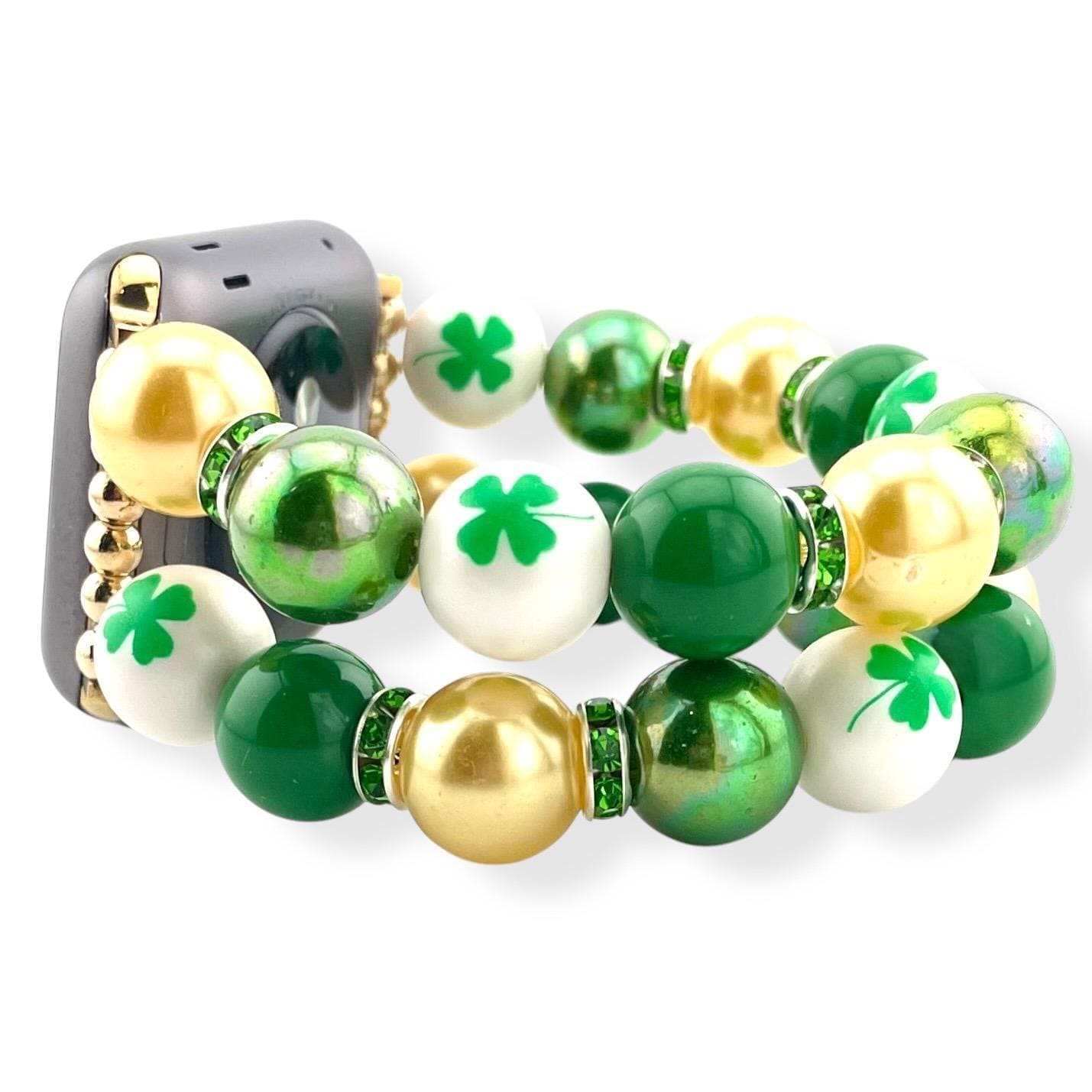 St. Patrick’s Day Beaded Watch Band – Green, Gold & Shamrock Bracelet Strap for Apple and Samsung Watches