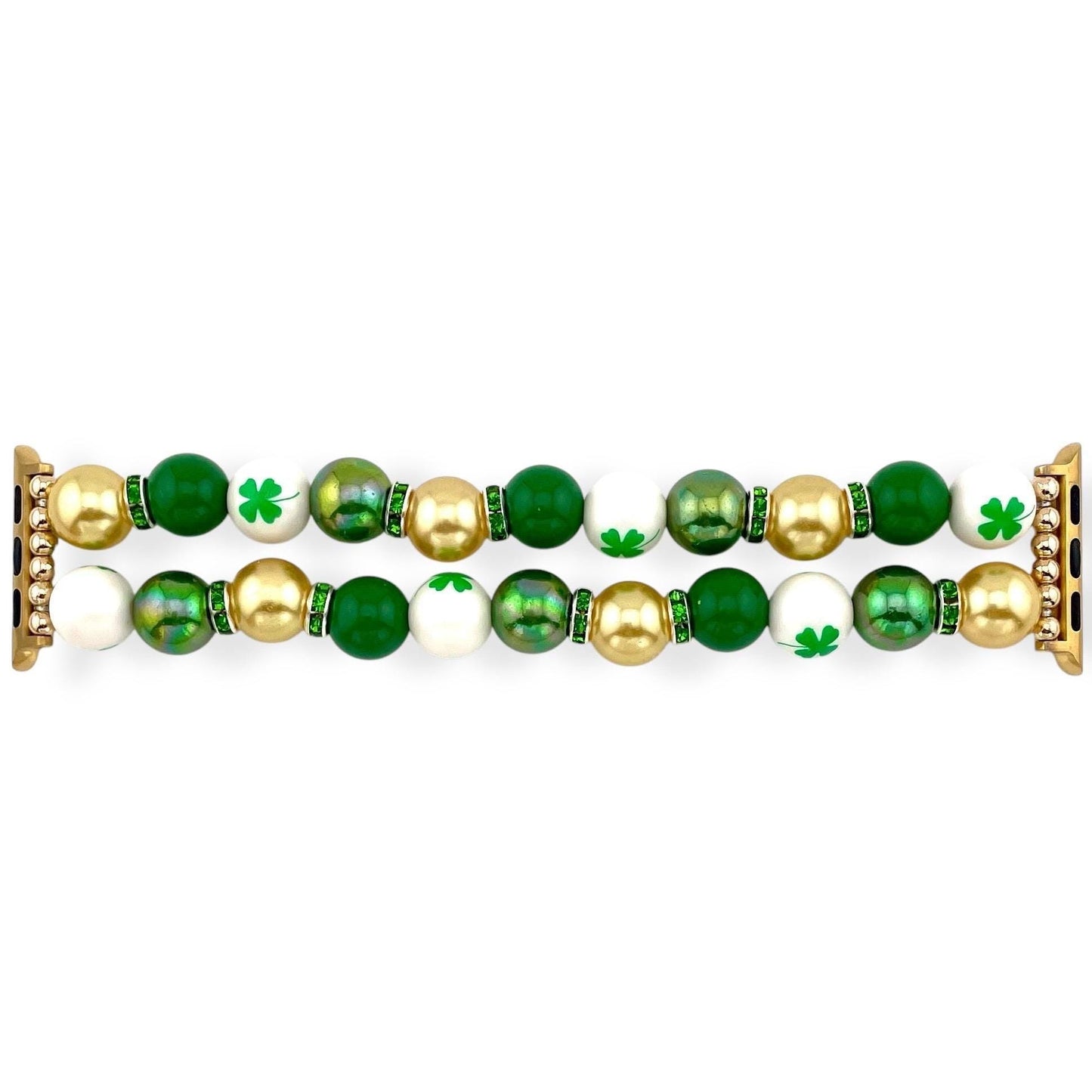 St. Patrick’s Day Beaded Watch Band – Green, Gold & Shamrock Bracelet Strap for Apple and Samsung Watches