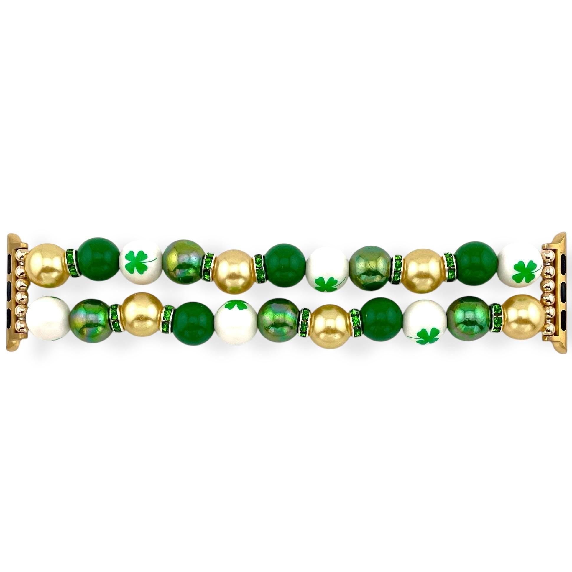 St. Patrick’s Day Beaded Watch Band – Green, Gold & Shamrock Bracelet Strap for Apple and Samsung Watches