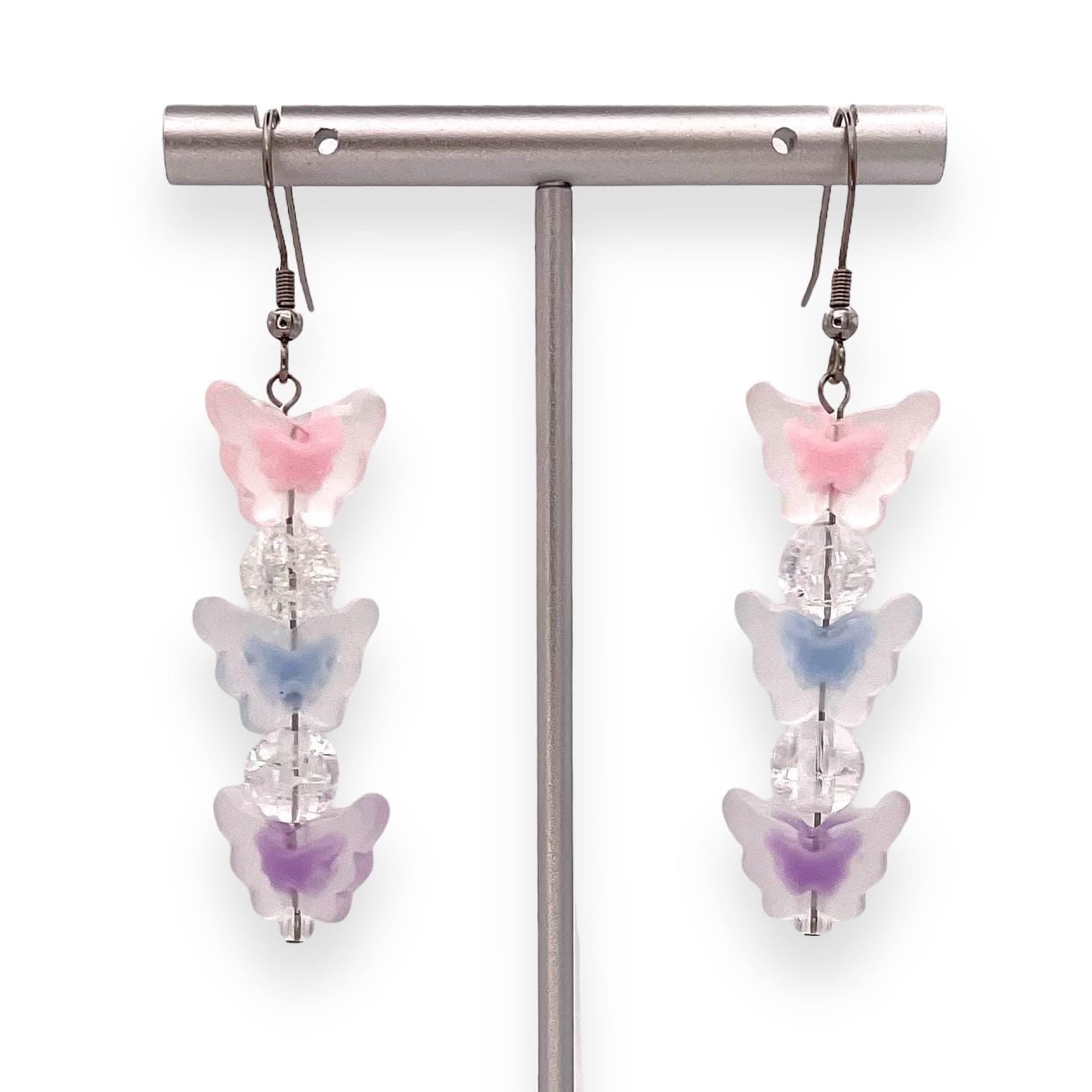 Butterfly Dangle Earrings - Pink, Blue, and Purple Beaded Earrings - Lightweight Acrylic Butterfly Jewelry - Handmade Gift for Her