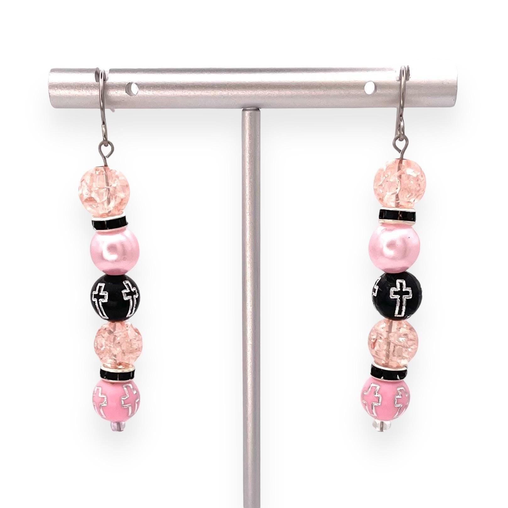 Pink and Black Cross Beaded Earrings, Handmade Religious Jewelry, Faith-Inspired Dangle Earrings