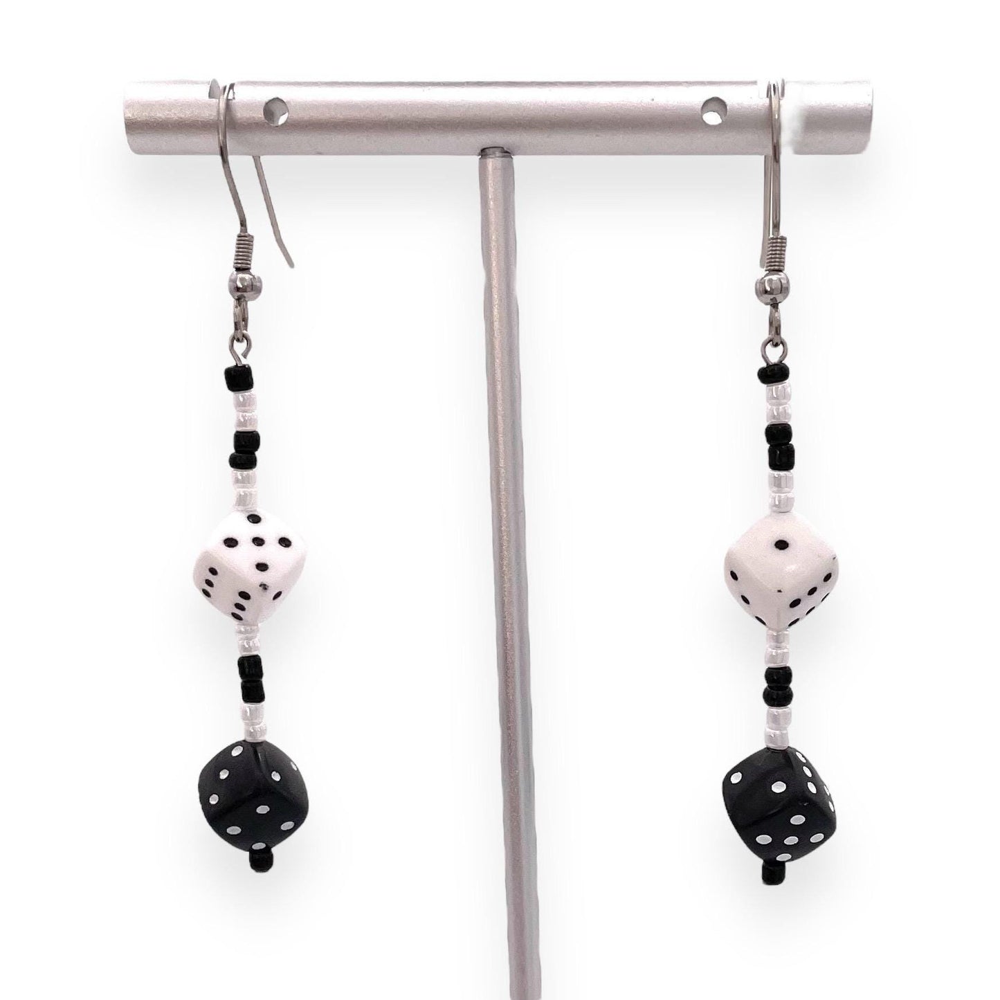 Black and White Dice Earrings - Handmade Hypoallergenic Beaded Jewelry, Dangle Drop Earrings, Unique Gift for Gamers and Dice Lovers