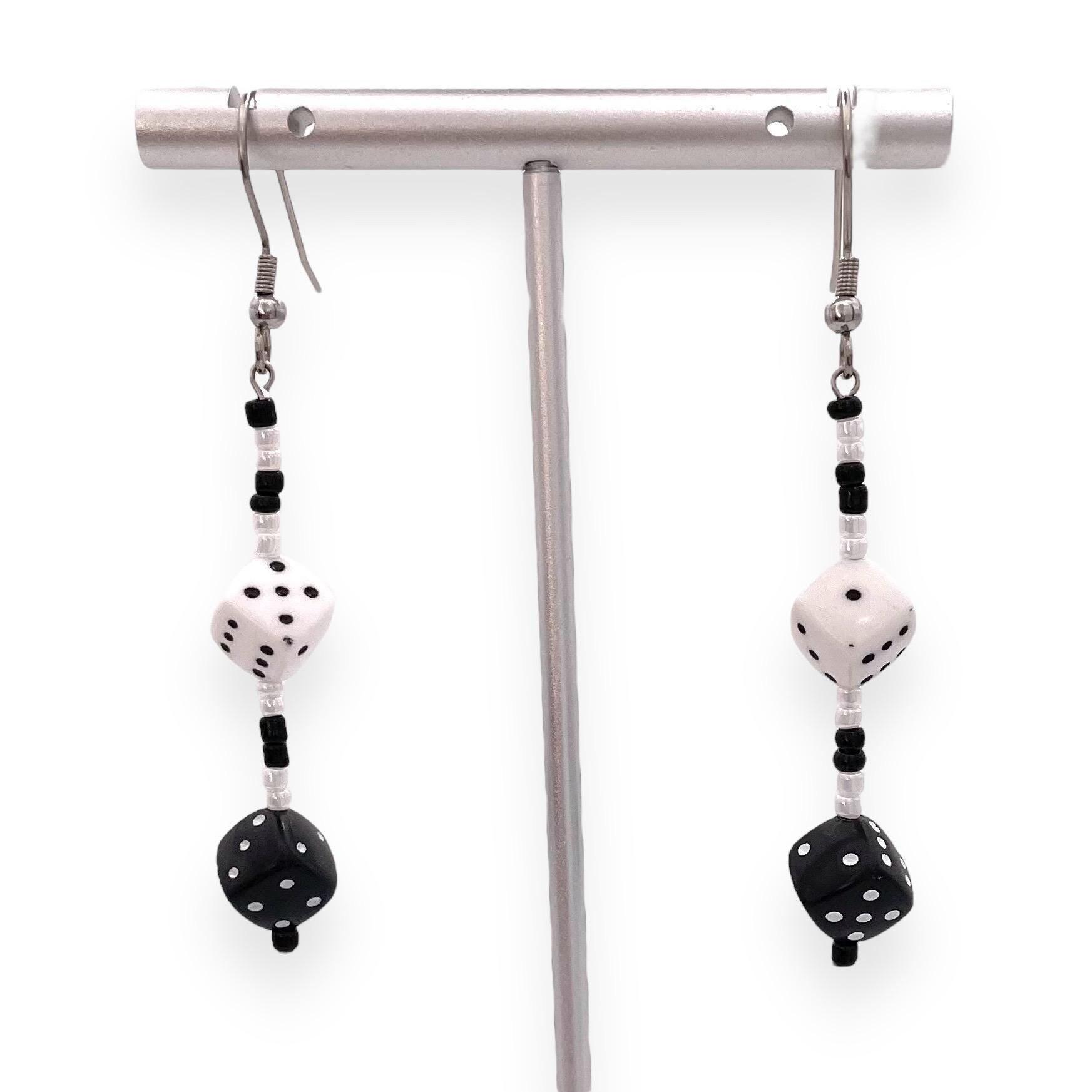 Black and White Dice Earrings - Handmade Hypoallergenic Beaded Jewelry, Dangle Drop Earrings, Unique Gift for Gamers and Dice Lovers