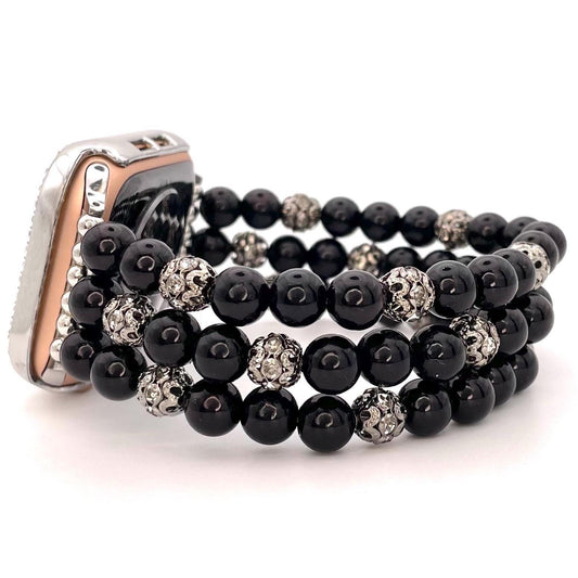Black Watch Band Compatible with Apple Watch Made with Imitation Pearls and Rhinestone Beads. Custom Sizing!