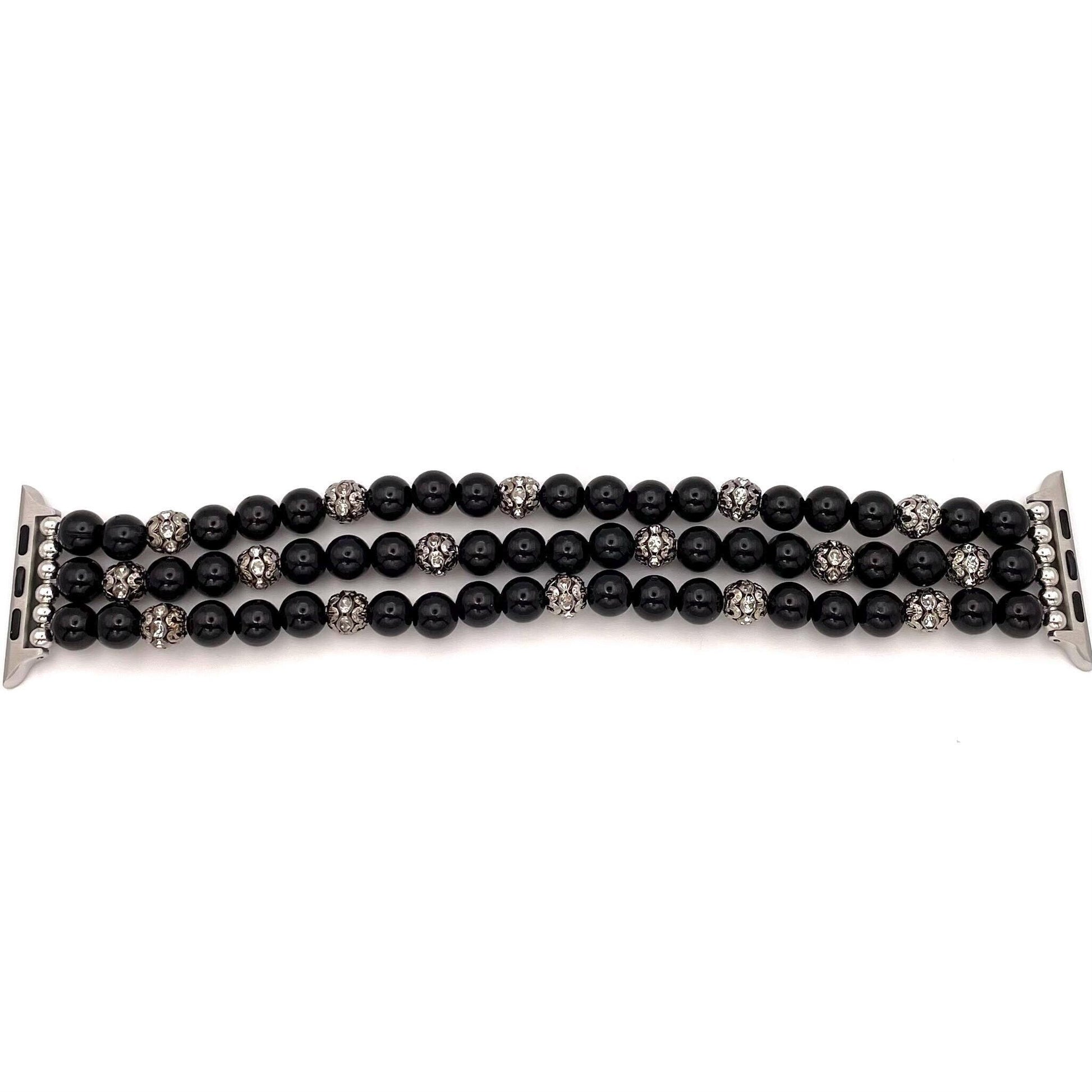 Black Watch Band Compatible with Apple Watch Made with Imitation Pearls and Rhinestone Beads. Custom Sizing!