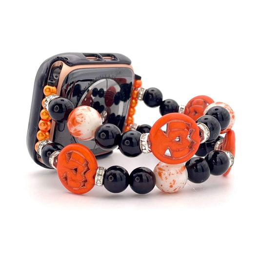 Orange and Black Halloween Watch Band Compatible with Apple Watch Made With Howlite Pumpkin, Imitation Pearl, Glass, and Rhinestone Beads