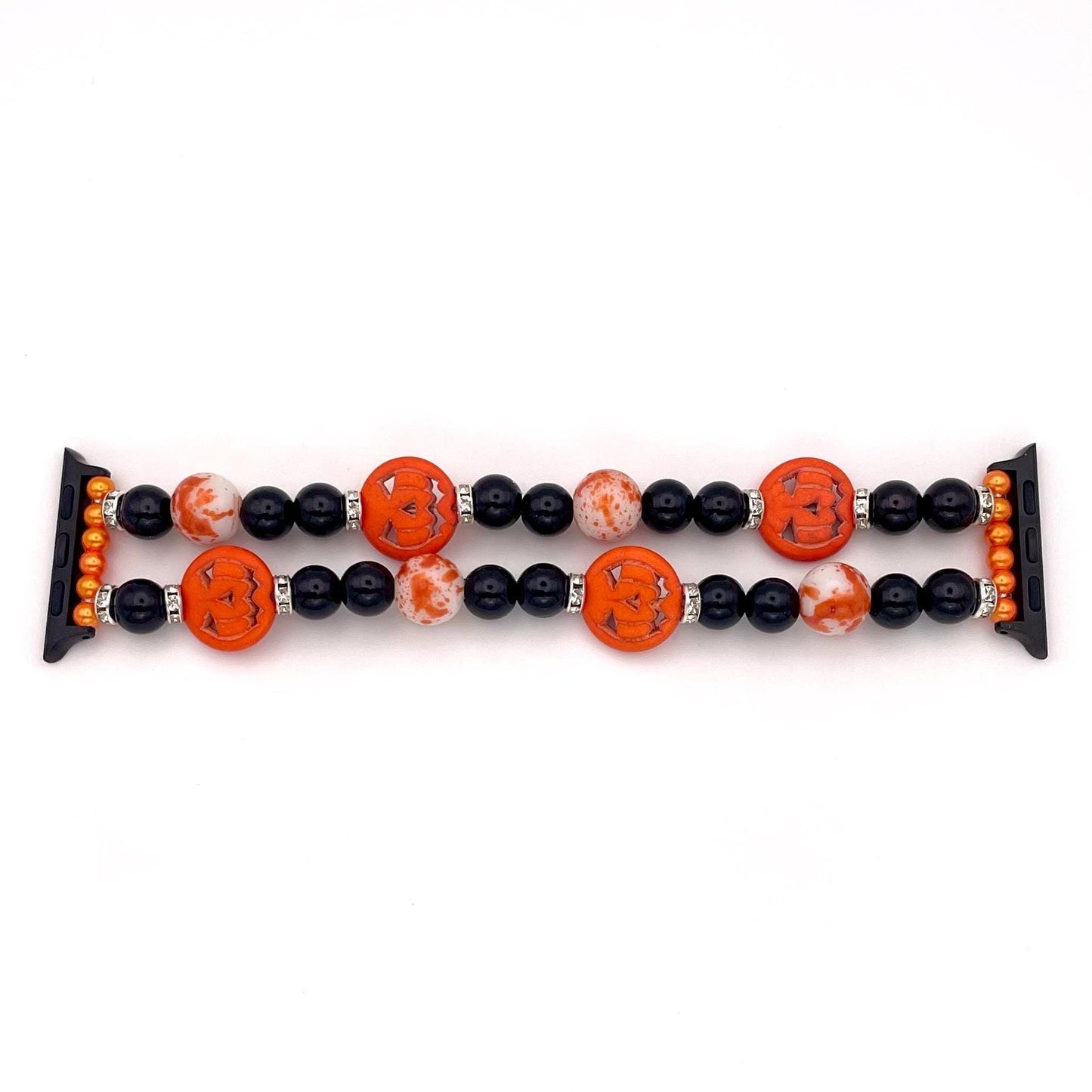 Orange and Black Halloween Watch Band Compatible with Apple Watch Made With Howlite Pumpkin, Imitation Pearl, Glass, and Rhinestone Beads