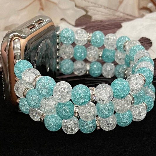 Blue and White Watch Band Compatible with Apple Watch with Glass Crackle Glass Crystal Beads