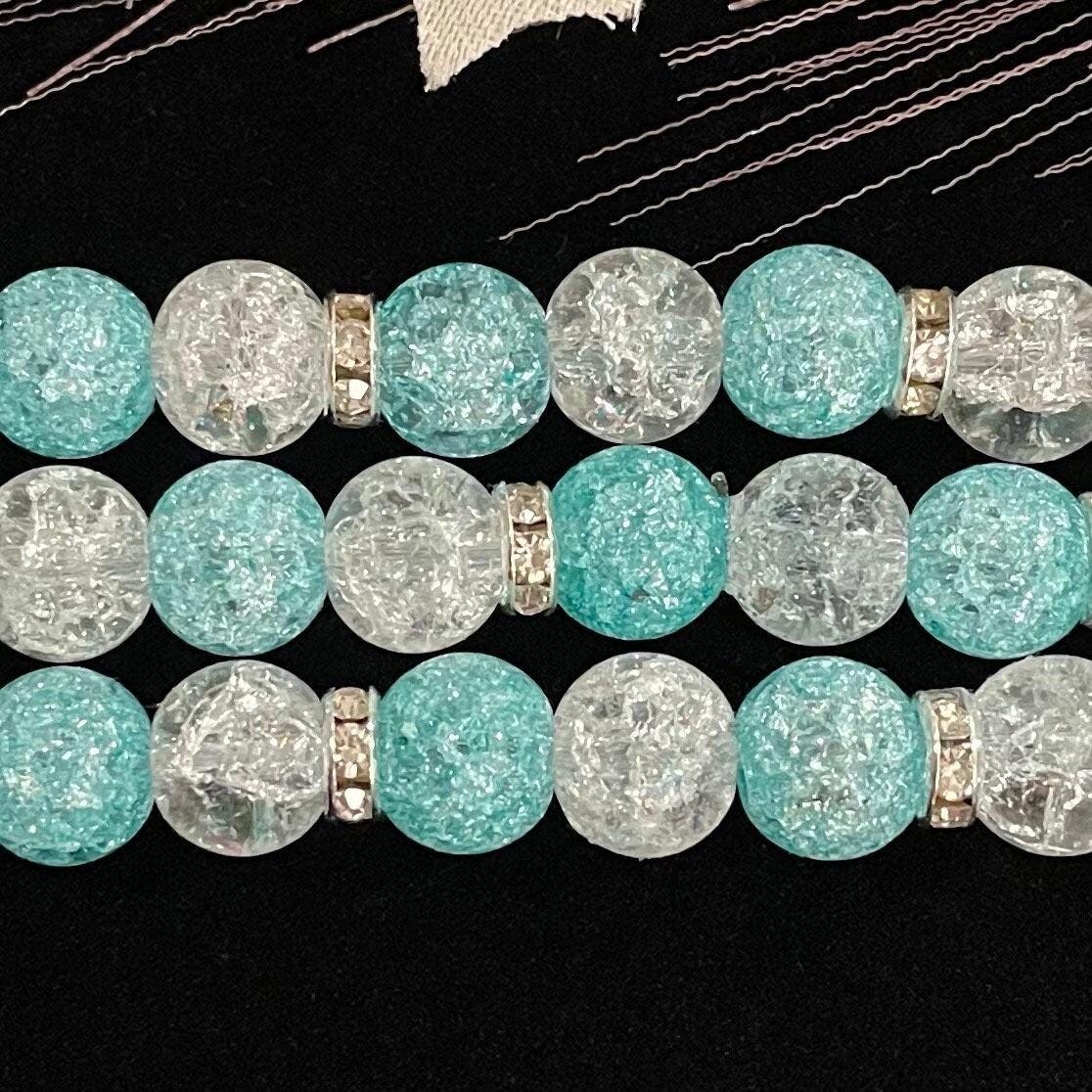 Blue and White Watch Band Compatible with Apple Watch with Glass Crackle Glass Crystal Beads