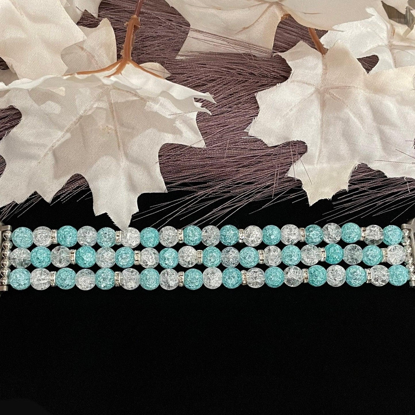 Blue and White Watch Band Compatible with Apple Watch with Glass Crackle Glass Crystal Beads