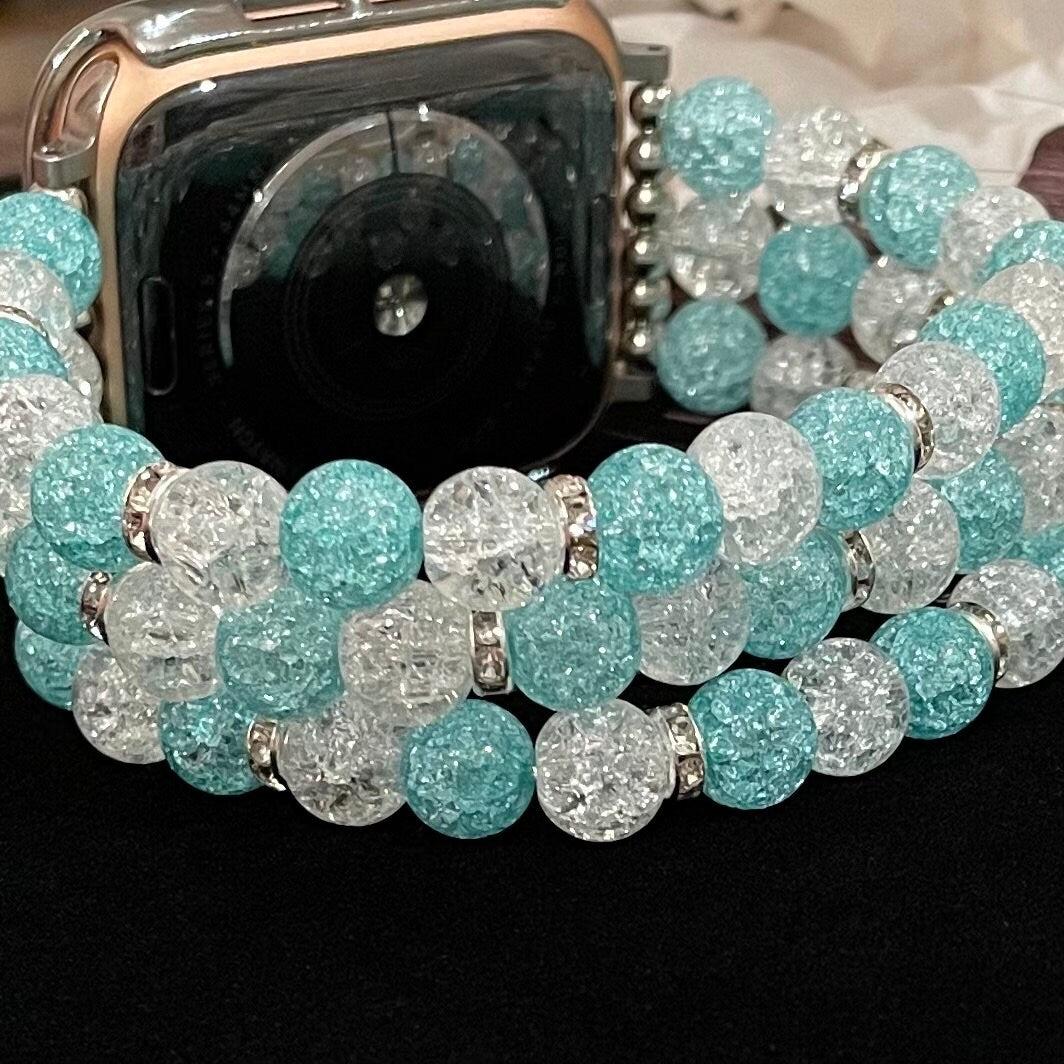 Blue and White Watch Band Compatible with Apple Watch with Glass Crackle Glass Crystal Beads