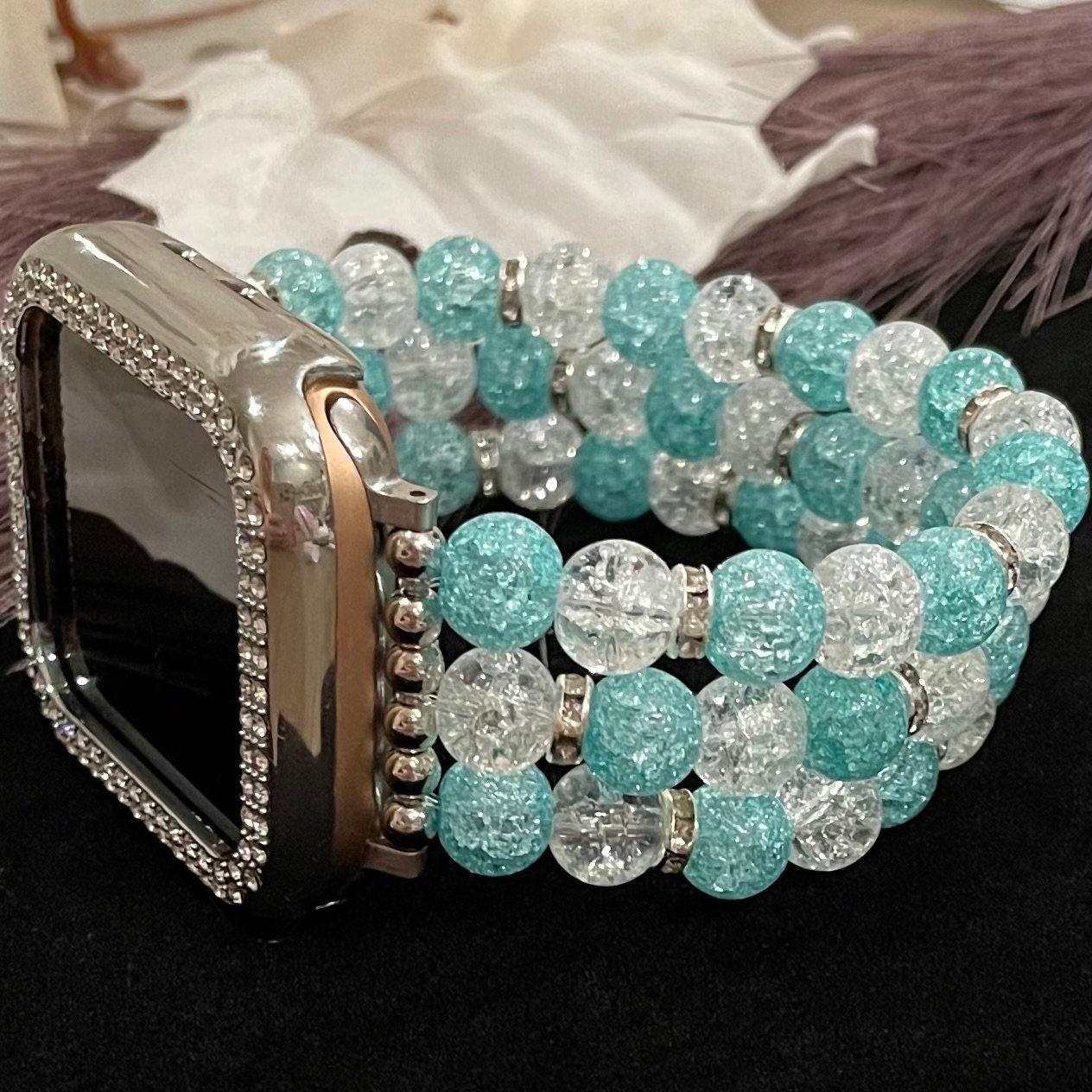 Blue and White Watch Band Compatible with Apple Watch with Glass Crackle Glass Crystal Beads