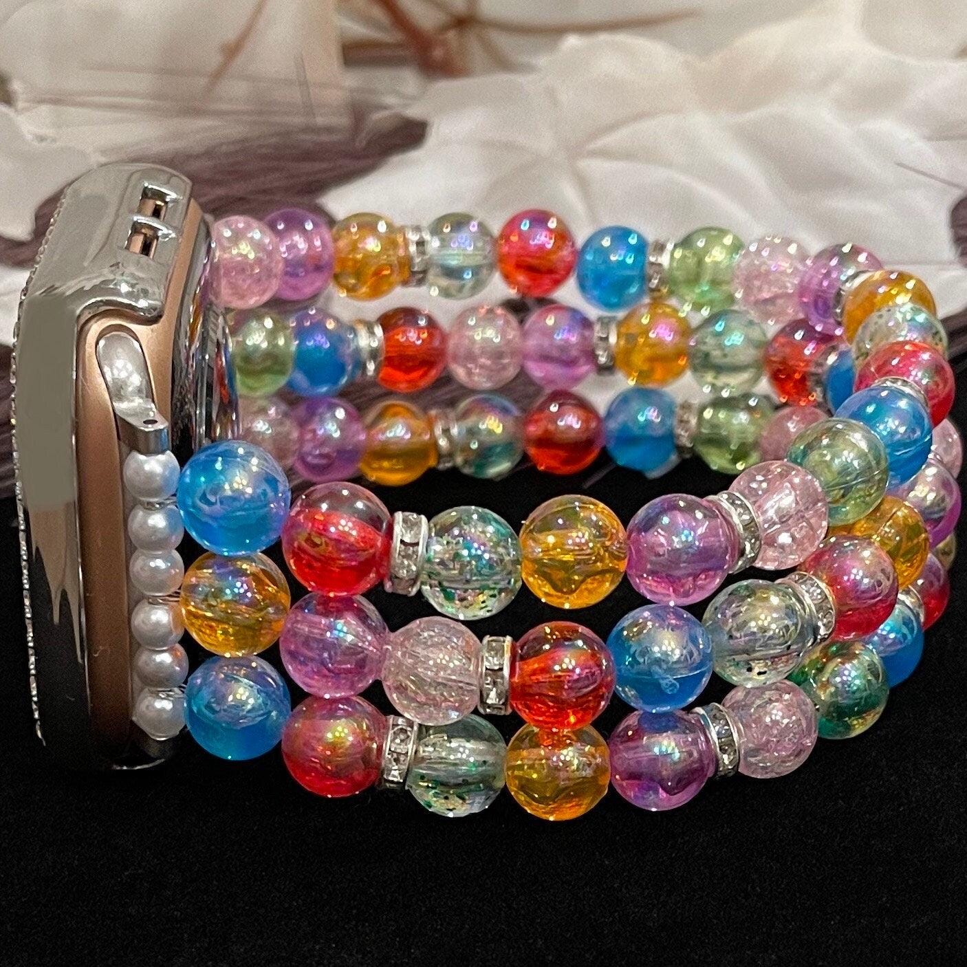 Rainbow Watch Band Compatible with Apple Watch with Acrylic, Imitation Pearl, and Rhinestone Beads
