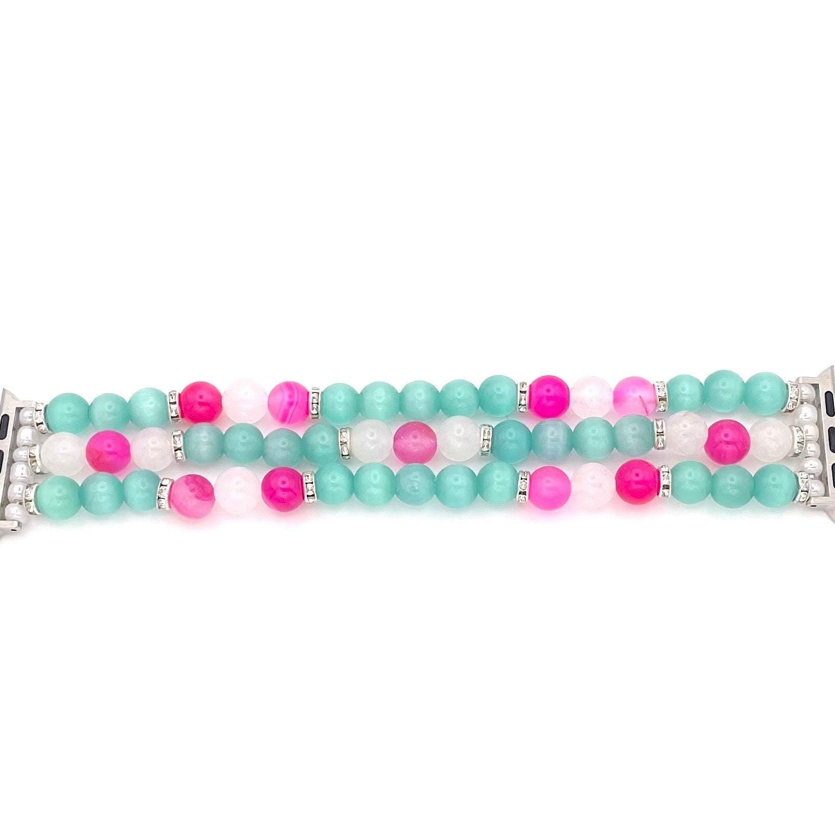 Rose Agate, White Jade and Glass Beaded Watch Band Compatible with Apple Watch