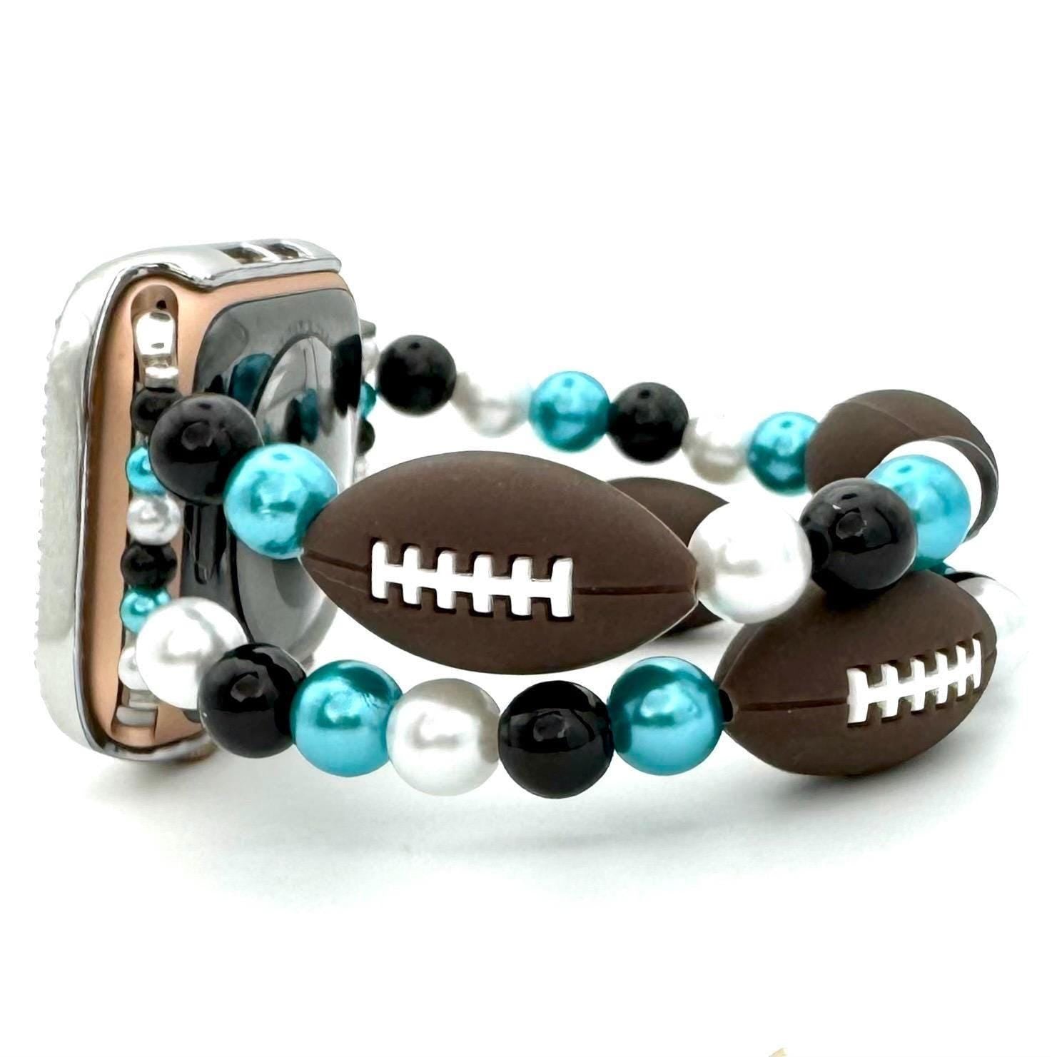 Custom Colored Football Watch Band Compatible with Apple Watch with Silicone Football and Imitation Pearls, Customizable For Team Colors!