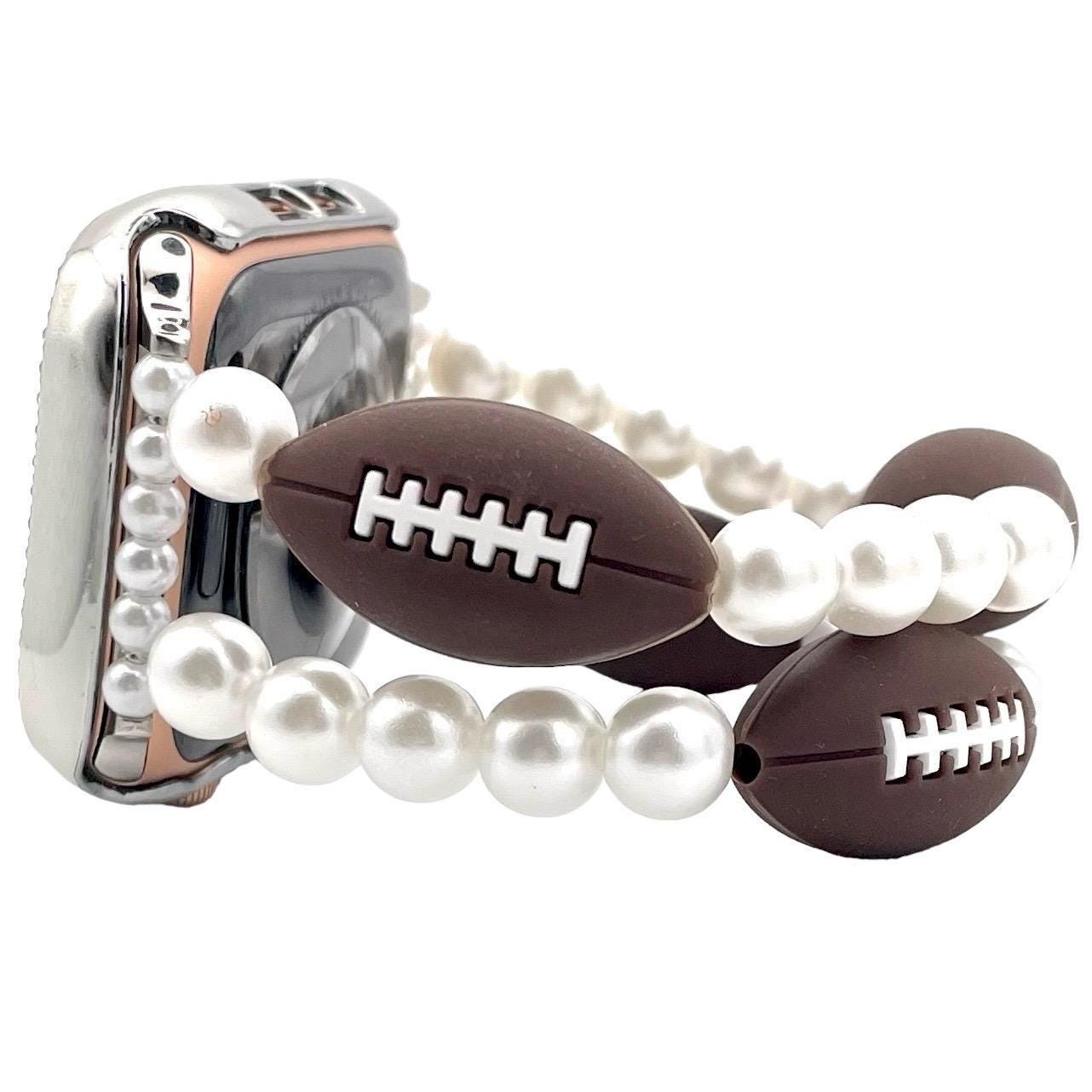 Custom Colored Football Watch Band Compatible with Apple Watch with Silicone Football and Imitation Pearls, Customizable For Team Colors!