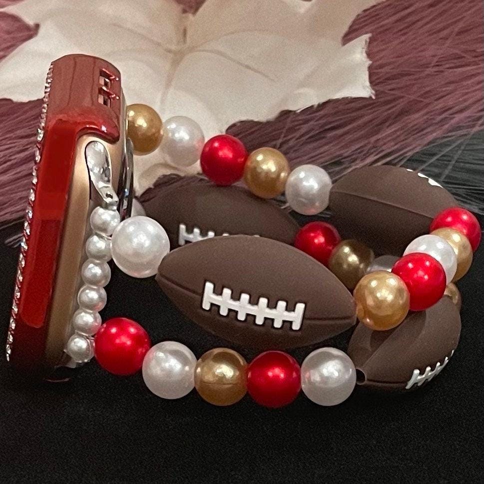 Custom Colored Football Watch Band Compatible with Apple Watch with Silicone Football and Imitation Pearls, Customizable For Team Colors!