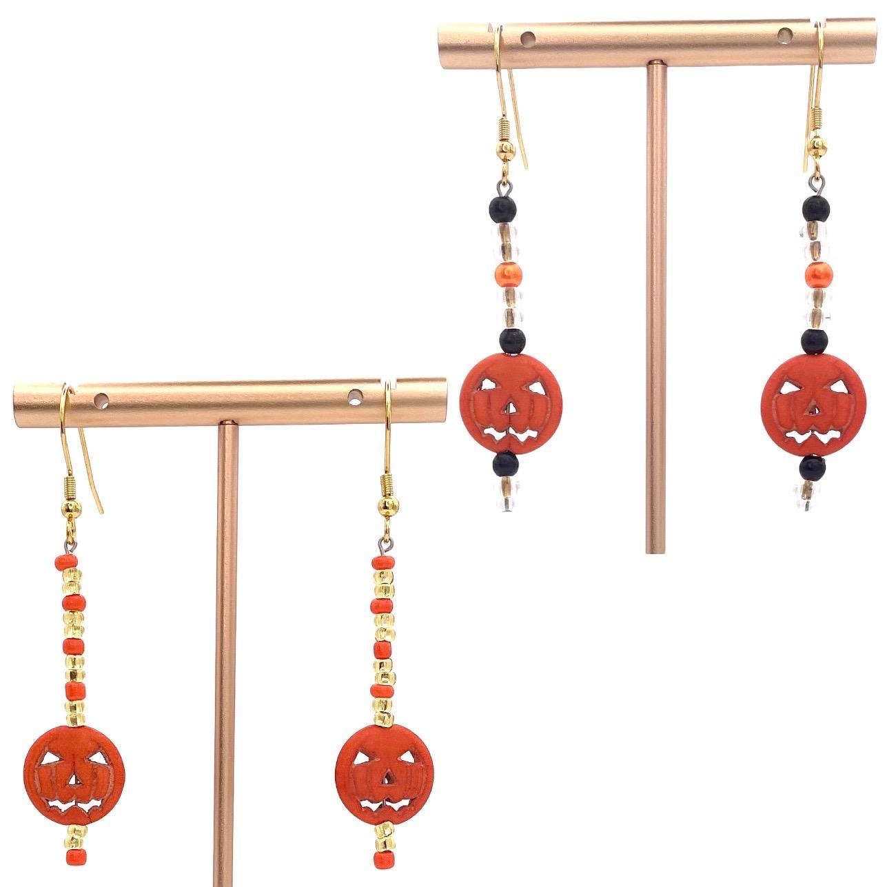 Beaded Fall Pumpkin Jack O Lantern Halloween Earrings Made with Gold Finished Stainless Steel Earring Hooks