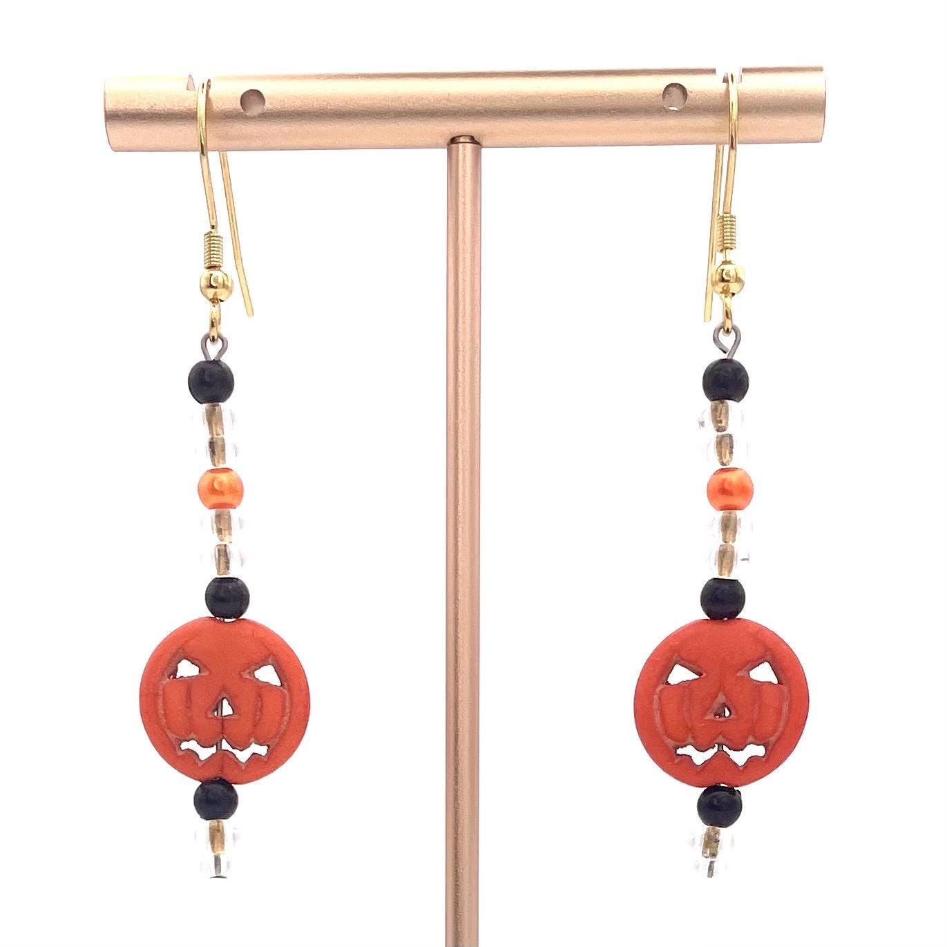 Beaded Fall Pumpkin Jack O Lantern Halloween Earrings Made with Gold Finished Stainless Steel Earring Hooks