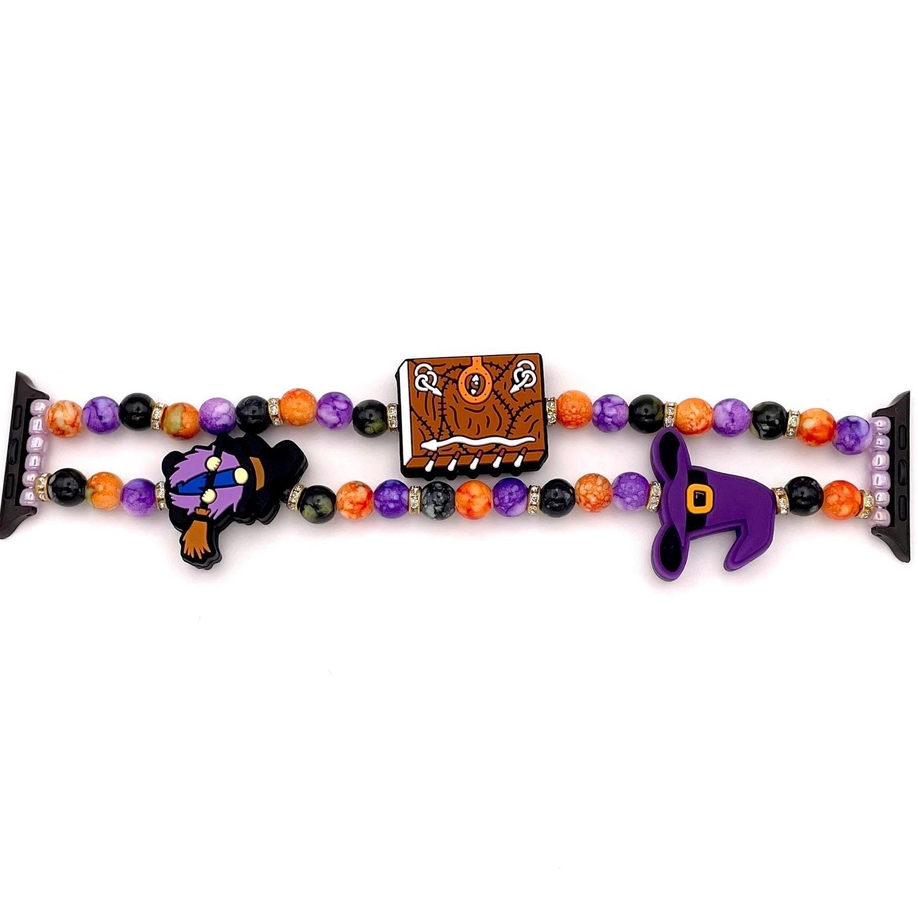 Witchy Halloween Beaded Apple Watch Band | Witch Charm, Spell Book, Purple & Orange Bracelet Style | Compatible with Apple Watch Series