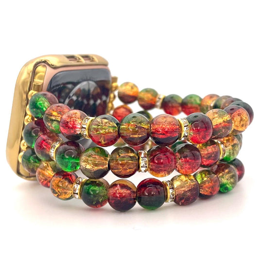 Christmas Multicolor Green Red and Gold Crackle Glass Beaded Apple Watch Band with Gold Accents