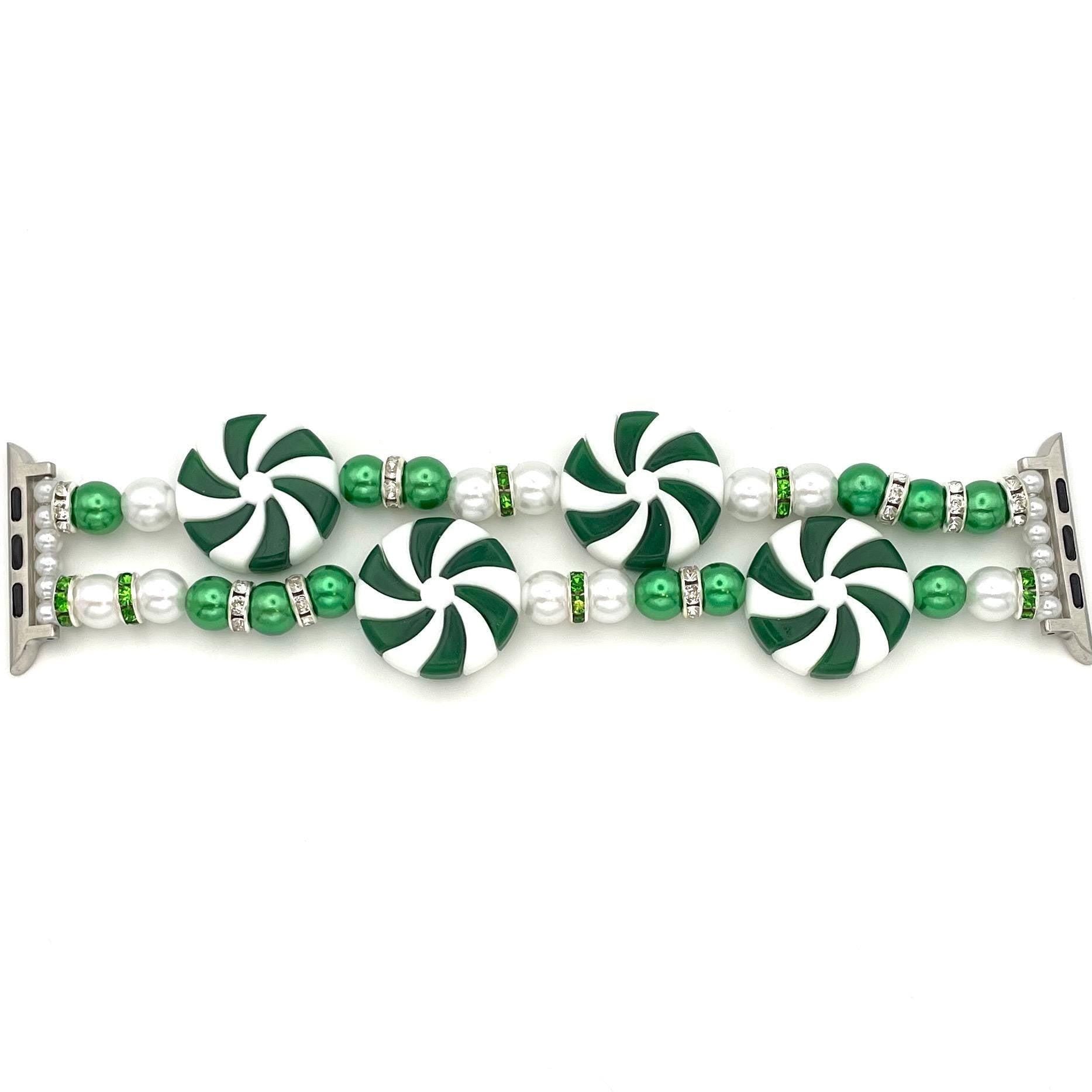 Green Peppermint Candy Holiday Apple Watch Band – Festive Green and White Christmas Beaded Band for Smartwatches