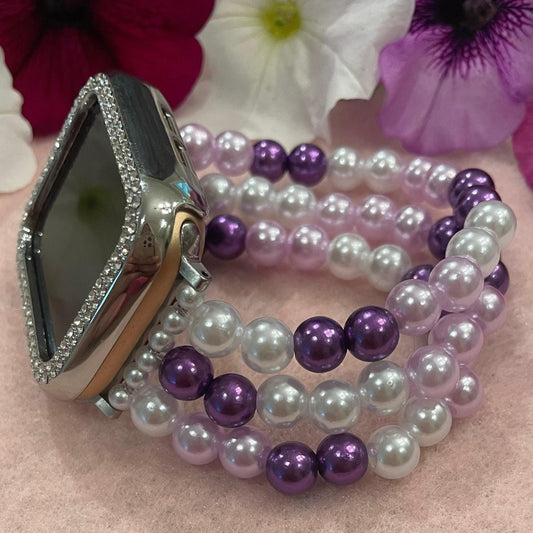 Purple Watch Band Compatible with Apple Watch with Imitation Pearls, Custom Sizing!
