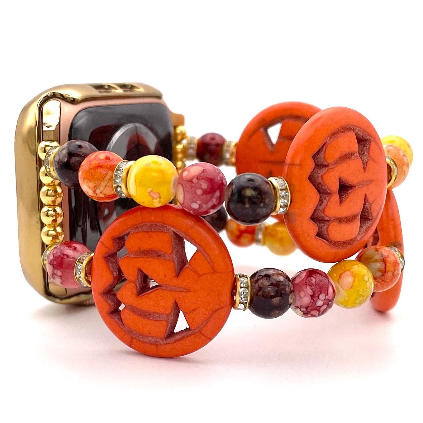 Fall Pumpkin Watch Band Compatible with Apple Watch Made With Howlite Pumpkin, Acrylic, and Rhinestone Beads