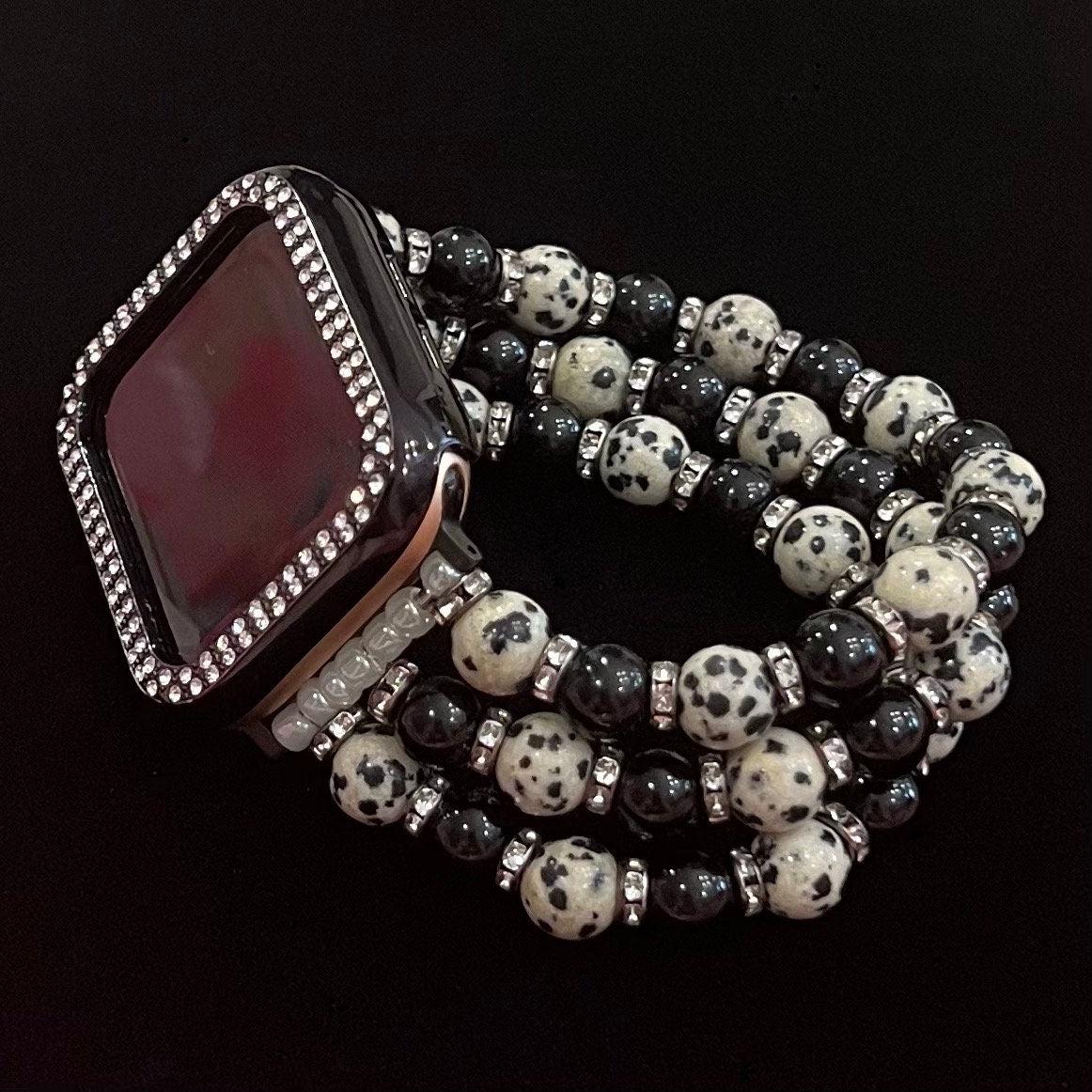 Leopard Watch Band Made With Natural Stone, Natural Black Onyx Agate, and Rhinestone Beads. Compatible with Apple Watch.