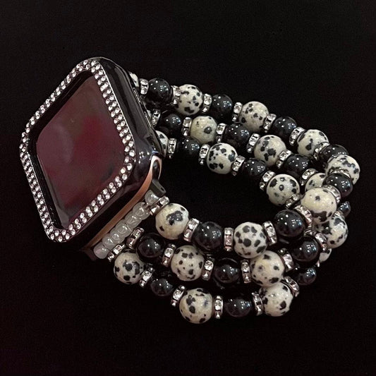Leopard Watch Band Made With Natural Stone, Natural Black Onyx Agate, and Rhinestone Beads. Compatible with Apple Watch.