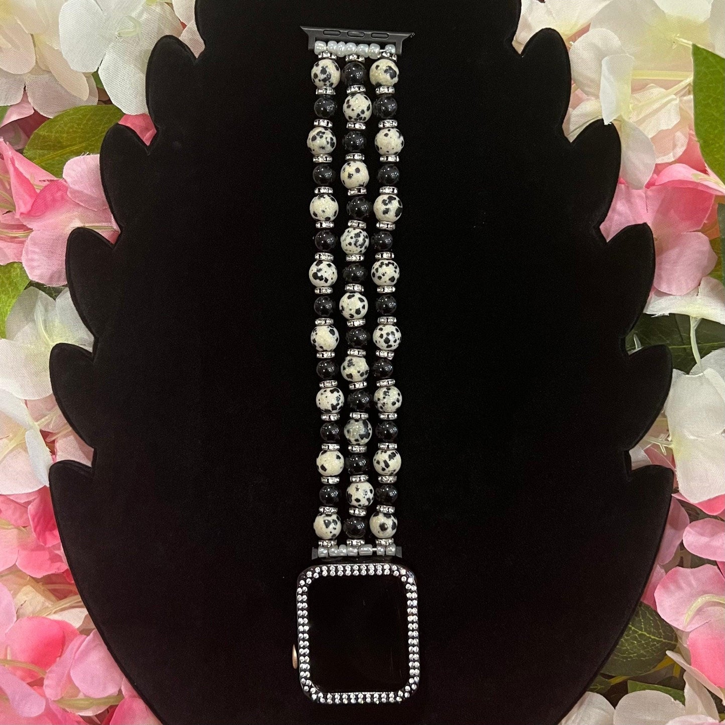 Leopard Watch Band Made With Natural Stone, Natural Black Onyx Agate, and Rhinestone Beads. Compatible with Apple Watch.