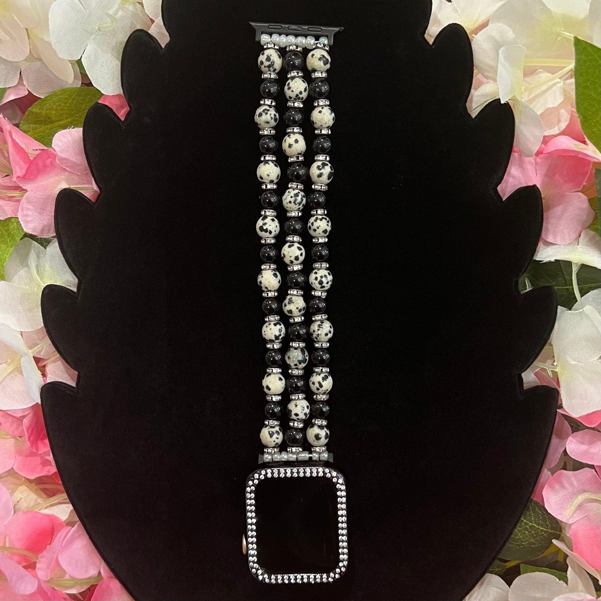 Leopard Watch Band Made With Natural Stone, Natural Black Onyx Agate, and Rhinestone Beads. Compatible with Apple Watch.