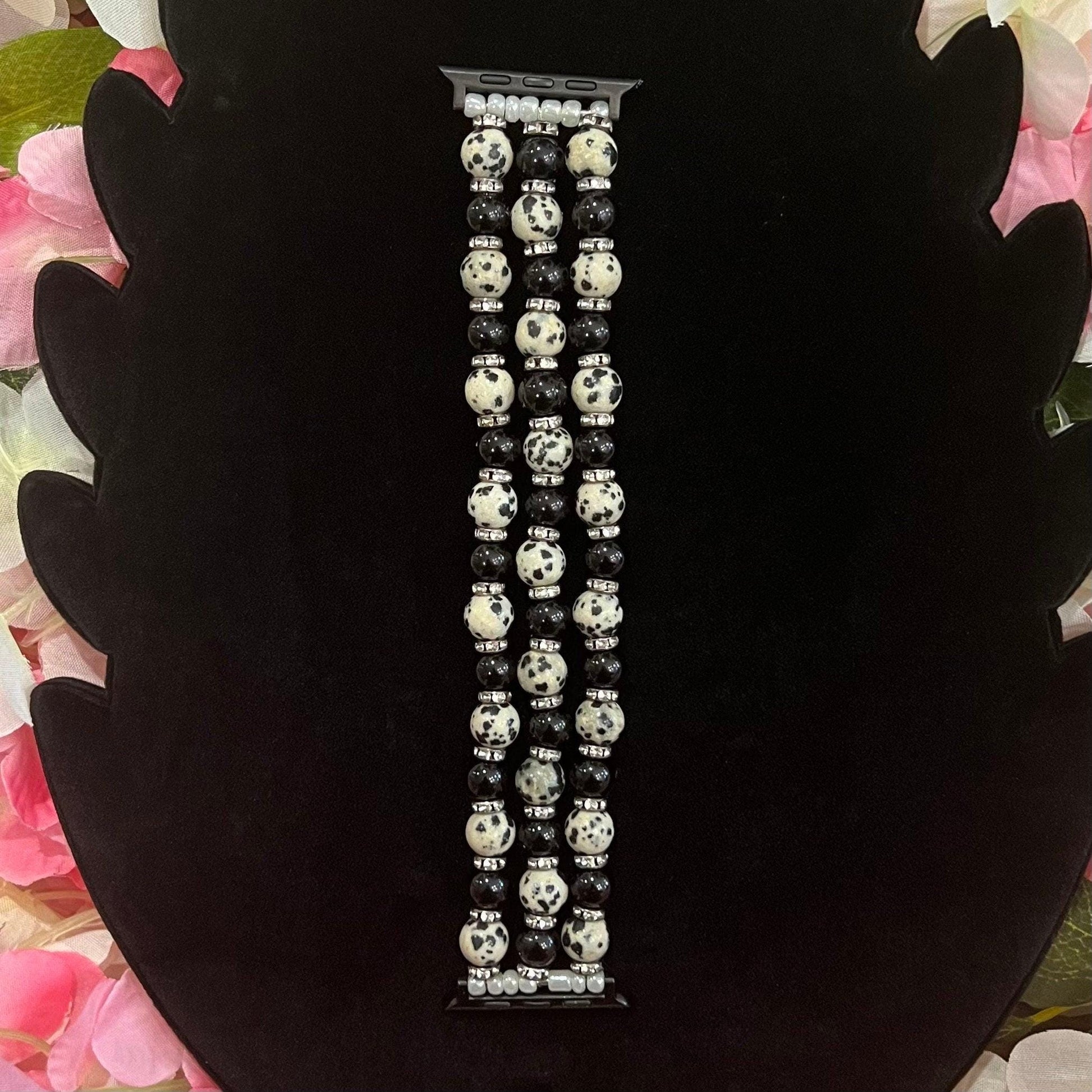 Leopard Watch Band Made With Natural Stone, Natural Black Onyx Agate, and Rhinestone Beads. Compatible with Apple Watch.